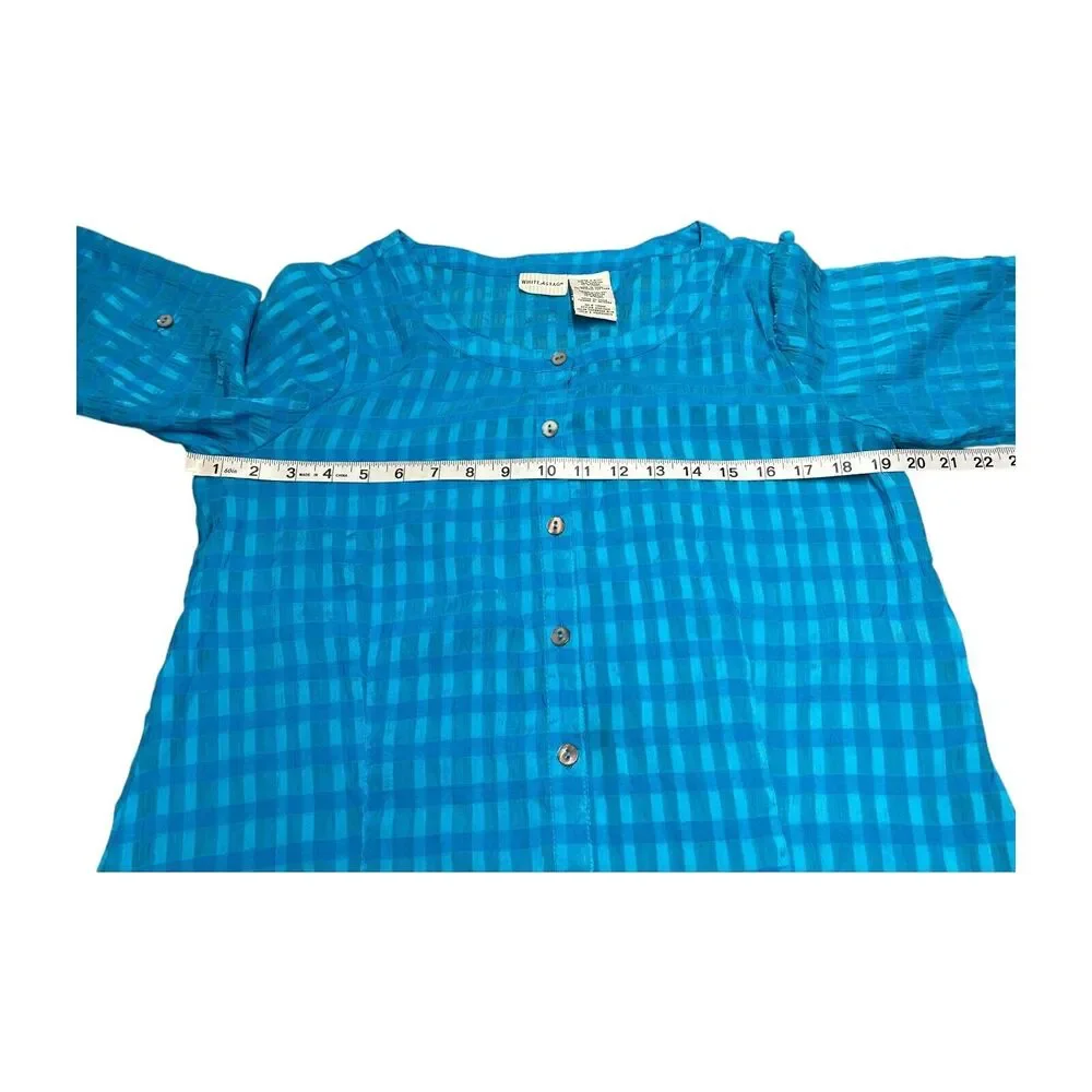 White Stag Blouse Women M (8-10) Blue Plaid Button-Up Side Sits Roll Tab Sleeve - Picture 8 of 8